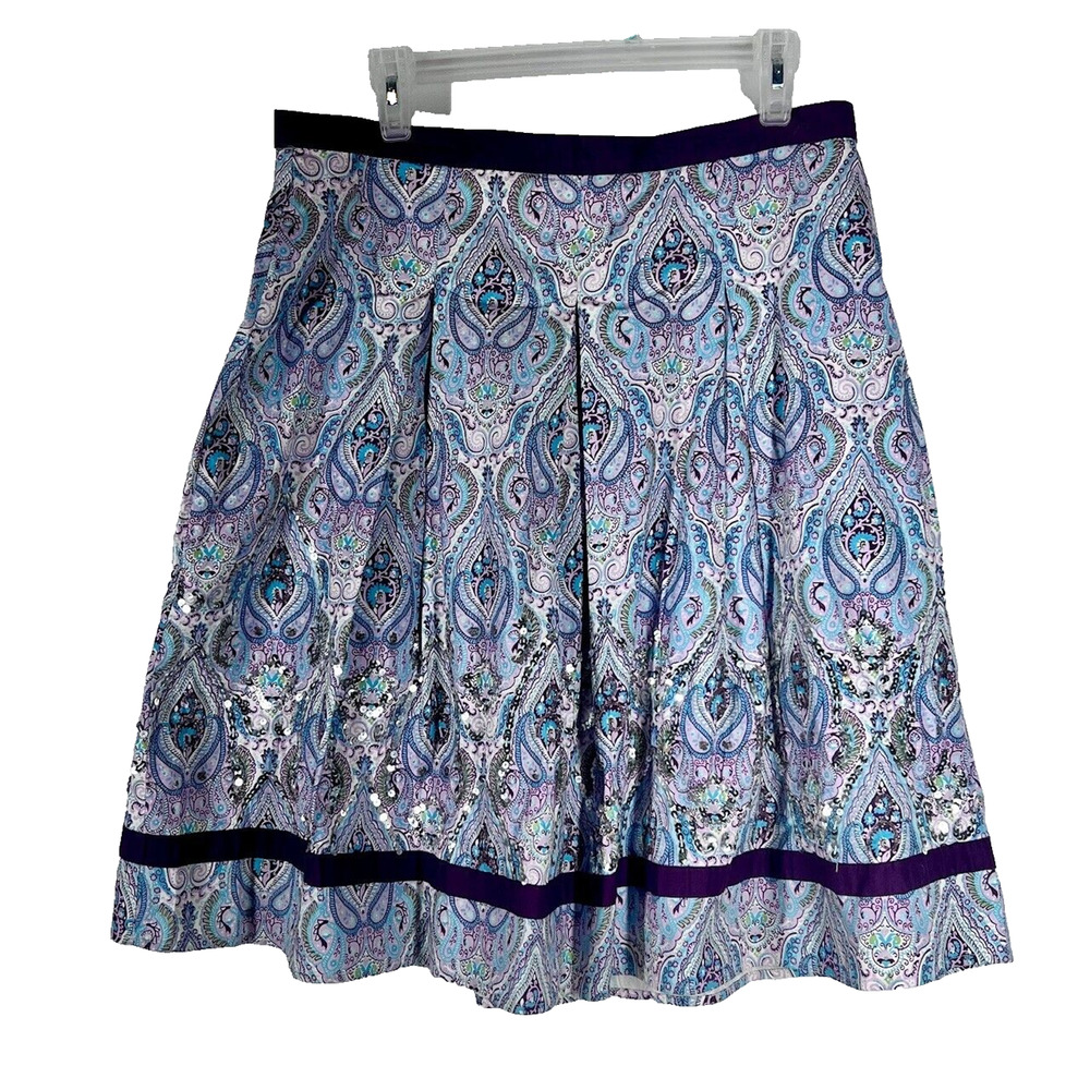 Persaman New York Womens Skirt 14 Purple and Blue Paisley Pleated Sequins Lined